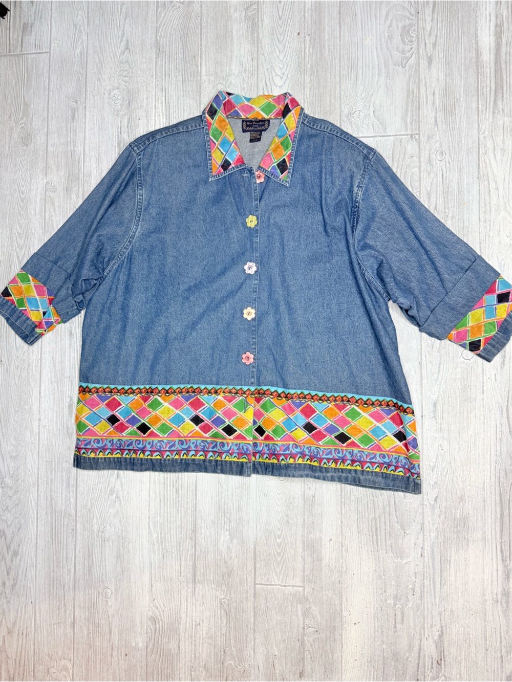New direction button front denim crop sleeve shirt cardigan jacket cotton 3x